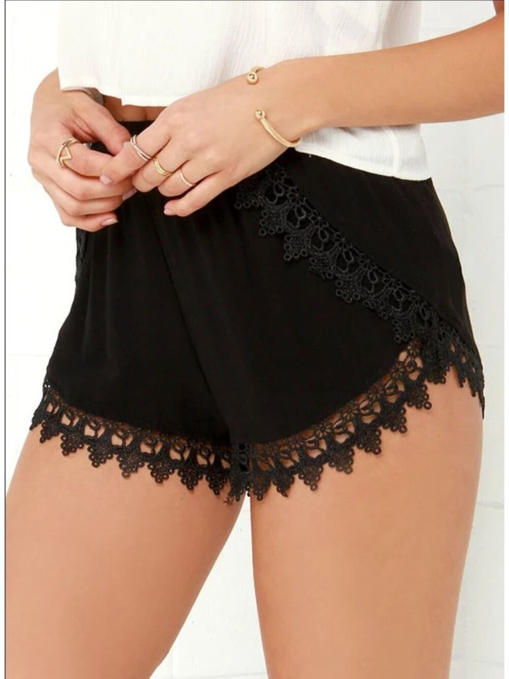 Womens L Black Lace Shorts High Waist Crochet Dressy Chic Beach Flowy Design - Picture 2 of 10